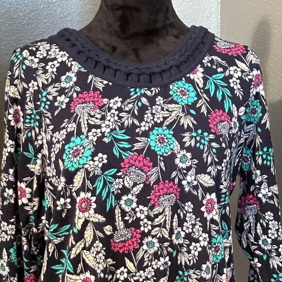 Kim Rogers Floral Print Cotton Top XL Navy 3/4 Sleeve Casual Boho Cottagecore - Picture 2 of 7
